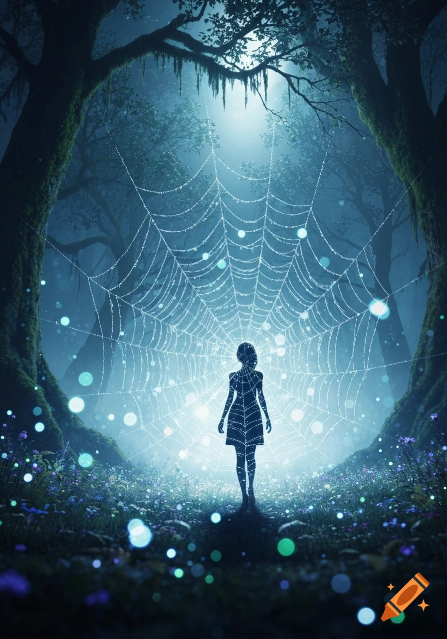 A silhouette of a person standing in a glowing, ethereal forest with a large, sparkling spider web behind them.