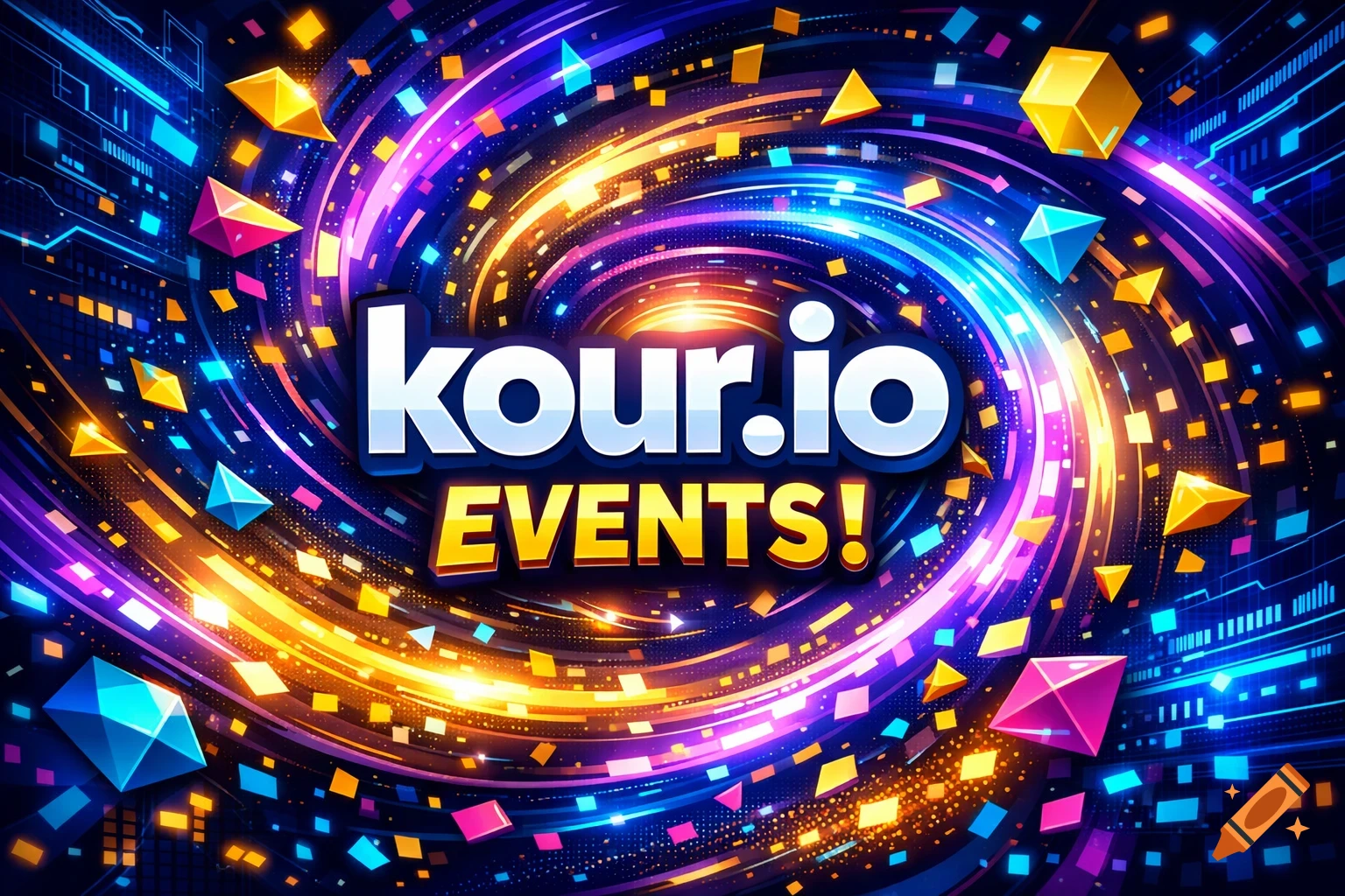 A vibrant digital art piece with 'kour.io EVENTS!' in the center, surrounded by swirling lights and colorful geometric shapes.