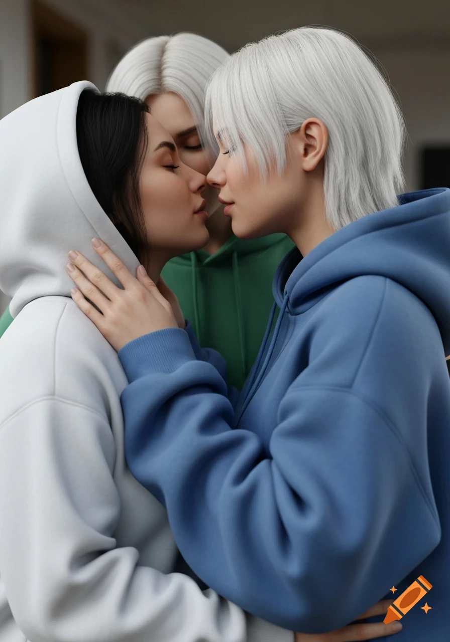 Two women in white and blue hoodies lean in for a kiss, another woman in a green hoodie stands behind them. Photorealistic.