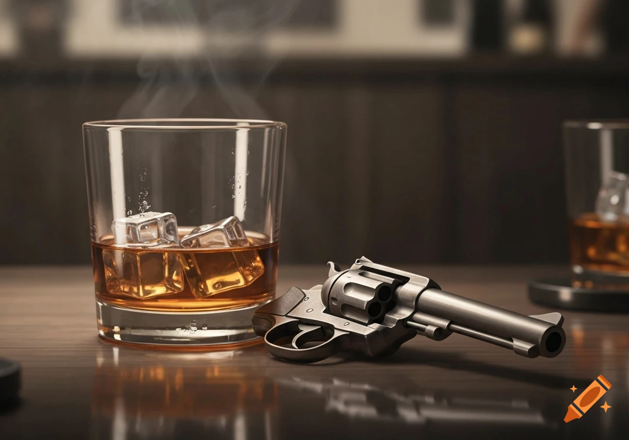 A glass of whiskey with ice and a silver revolver lying on a wooden table, with smoke rising from the drink.