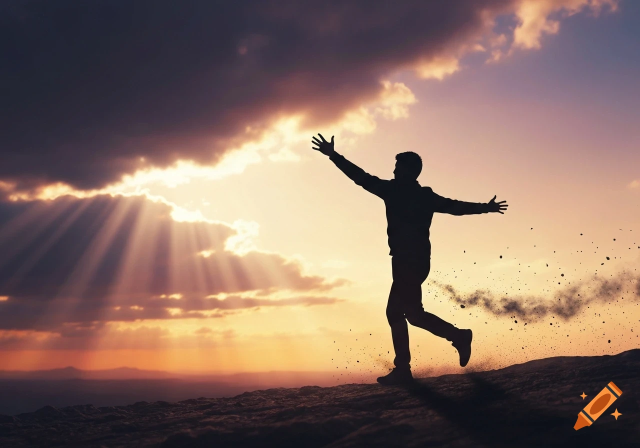 Silhouette of a person running with arms outstretched, kicking up dust, against a dramatic sunset sky with sun rays.