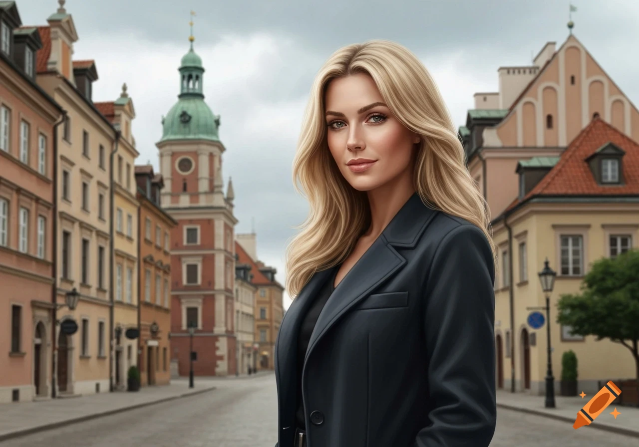 A photorealistic portrait of a blonde woman in a dark blazer standing on a European city street with colorful historic buildings and a clock tower.