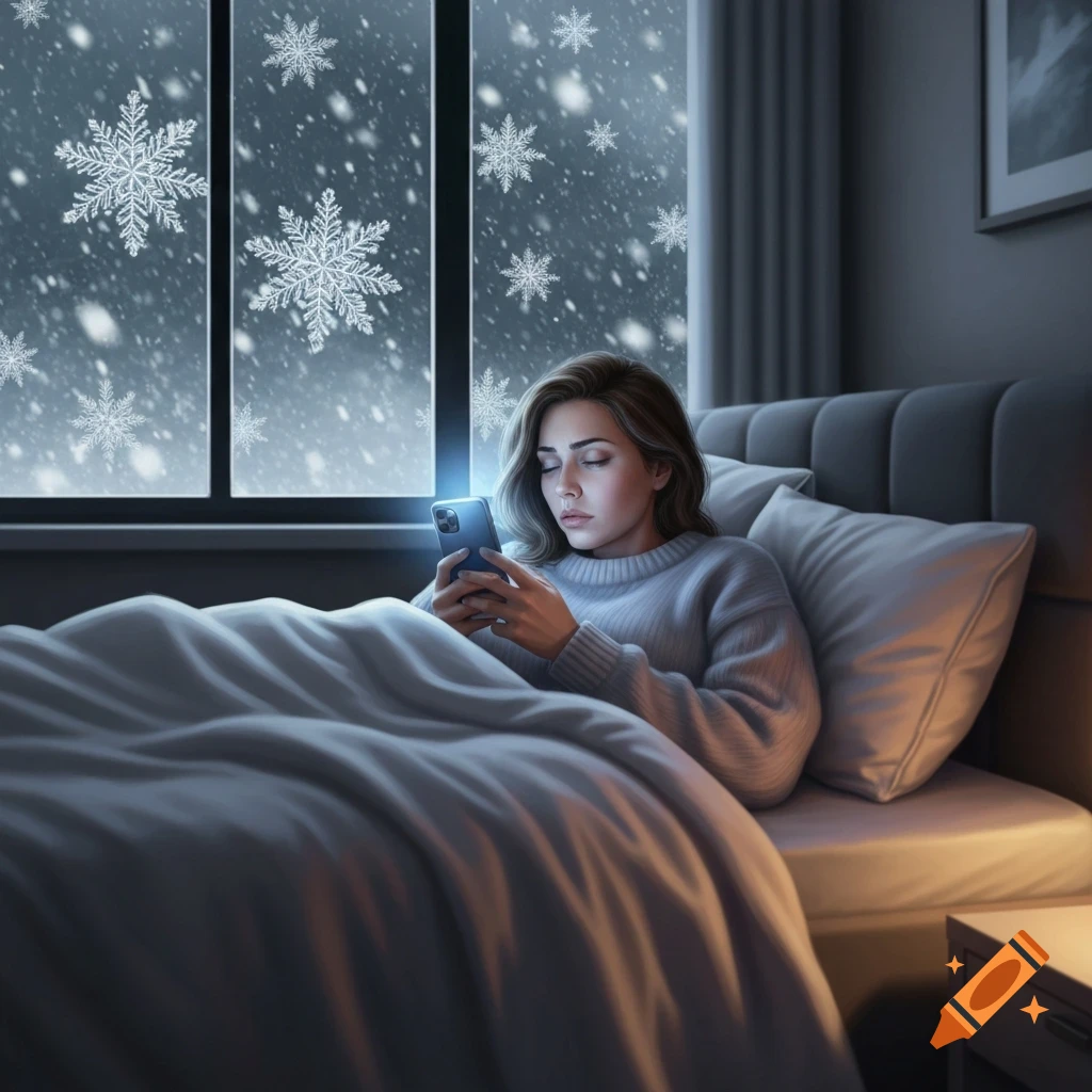 A woman in a cozy sweater lies in bed, looking at her glowing phone while snow falls outside a large window.