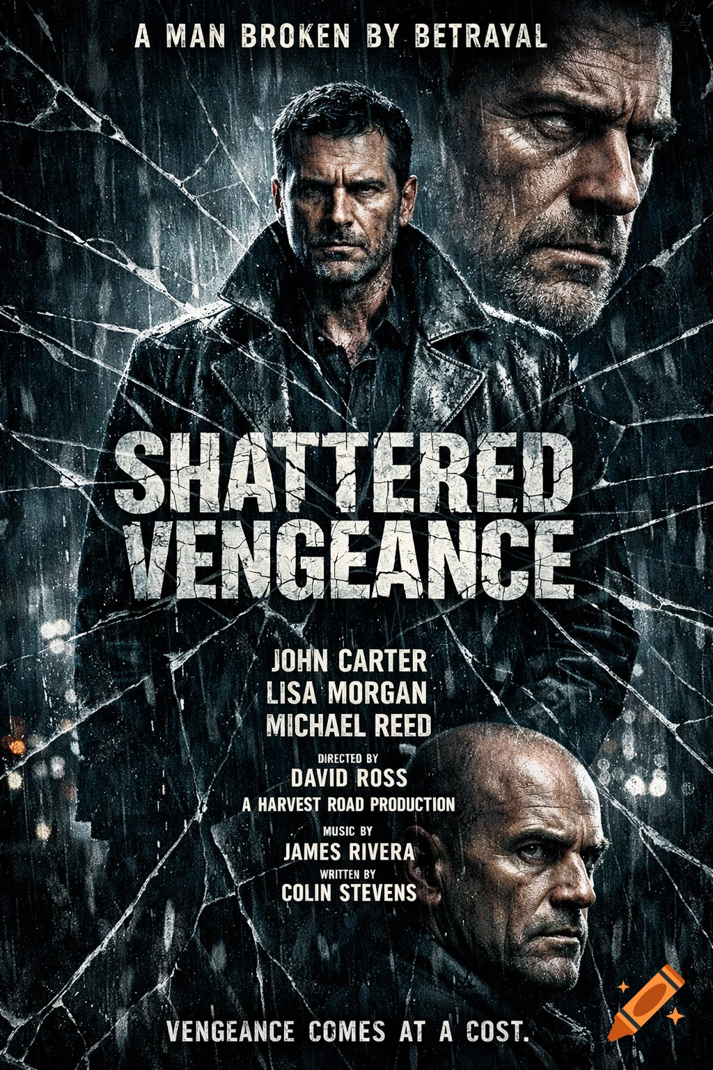 Movie poster for 'Shattered Vengeance' featuring a man in a raincoat, surrounded by cracks, rain, and faces of other men.