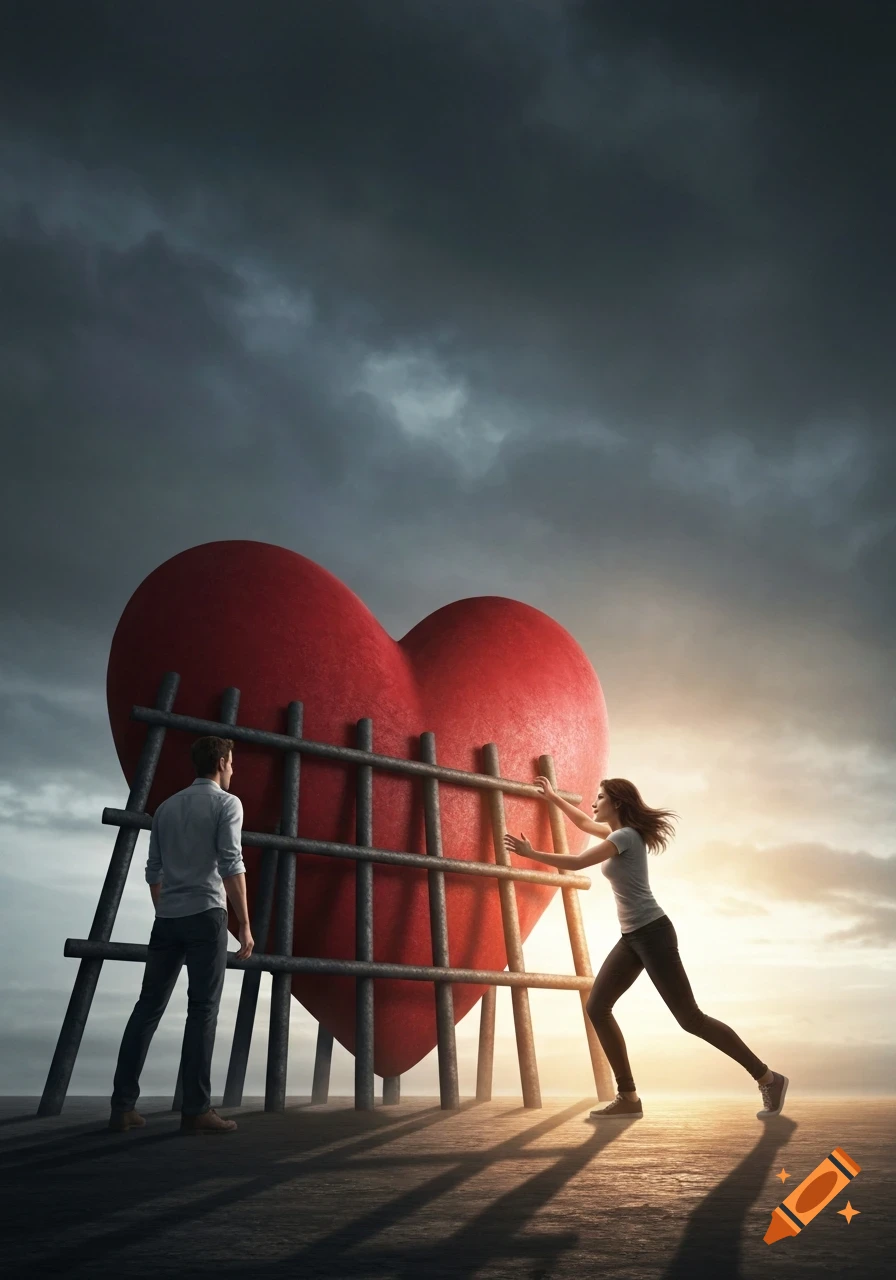 A woman pushes a barricade around a giant red heart as a man watches under a dramatic sky.