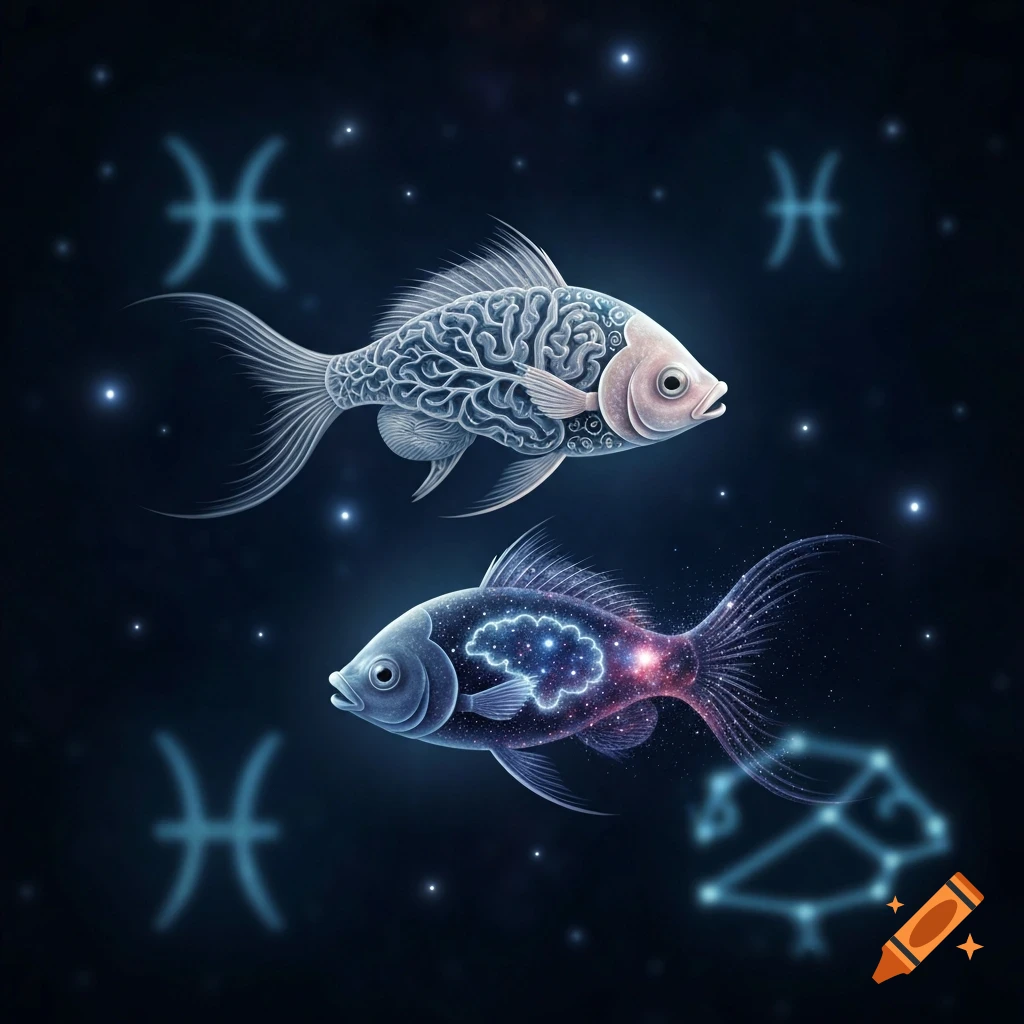 Two stylized fish in space, one with a brain pattern, the other cosmic, surrounded by stars and Pisces symbols.