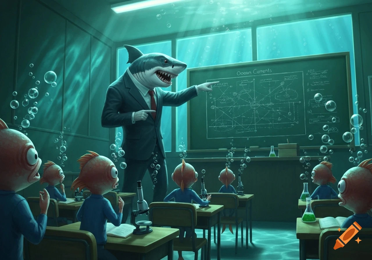 An anthropomorphic shark in a suit teaches a class of fish students underwater, pointing at a blackboard with 'Ocean Currents' written on it.
