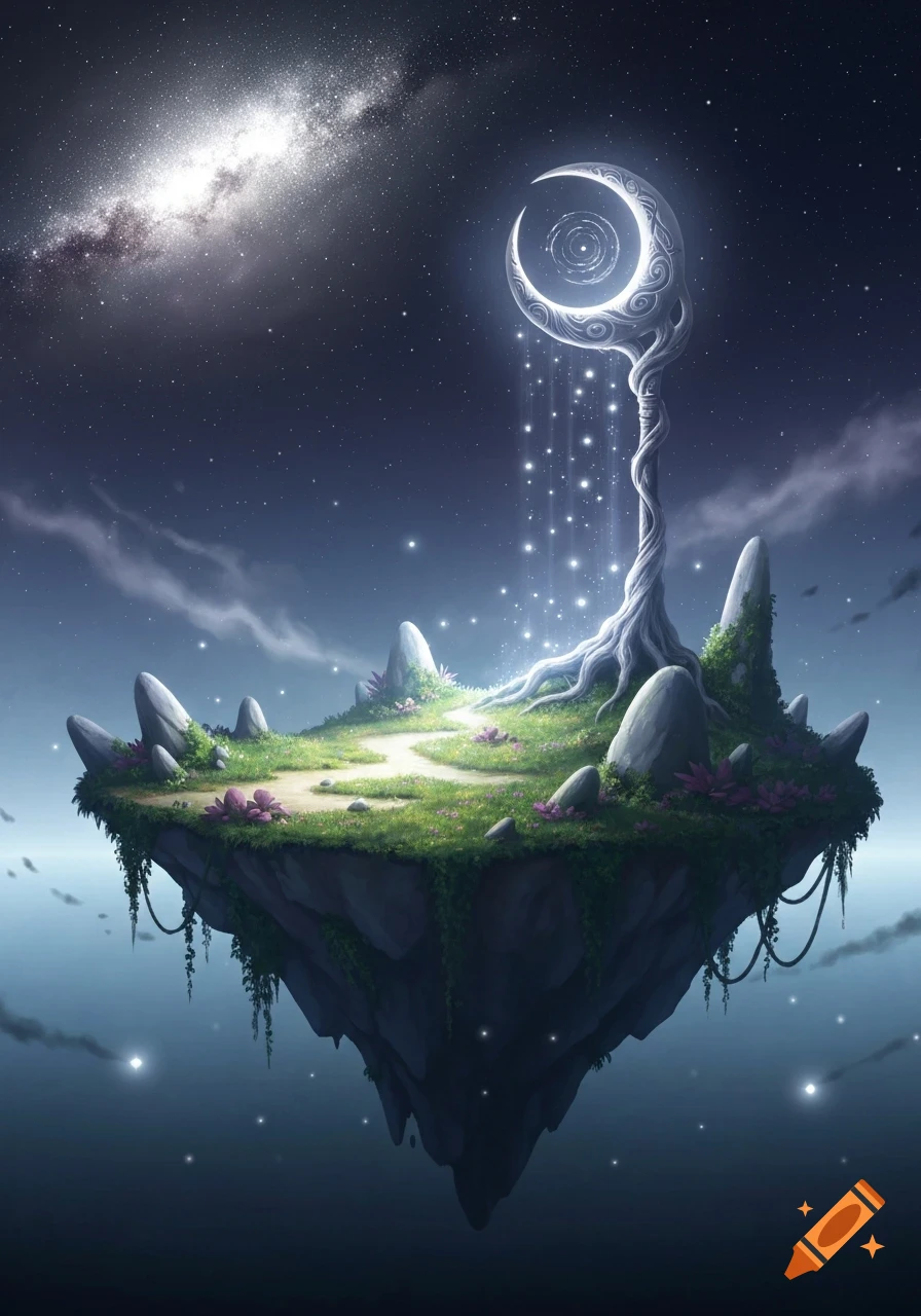 A mystical floating island under a starry night sky, with a glowing crescent moon symbol radiating light.