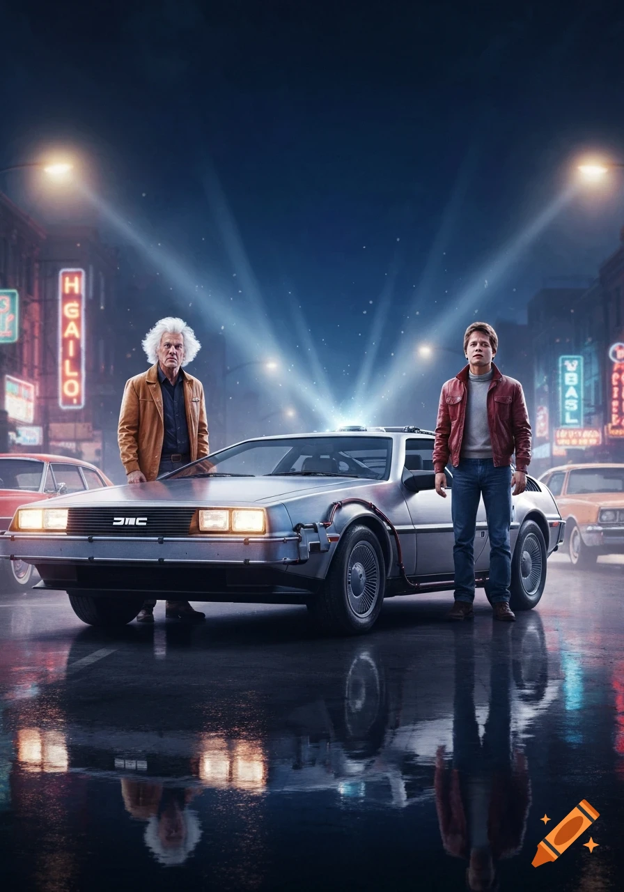 Doc Brown and Marty McFly stand with the DeLorean time machine on a wet street at night, illuminated by bright lights and neon signs.