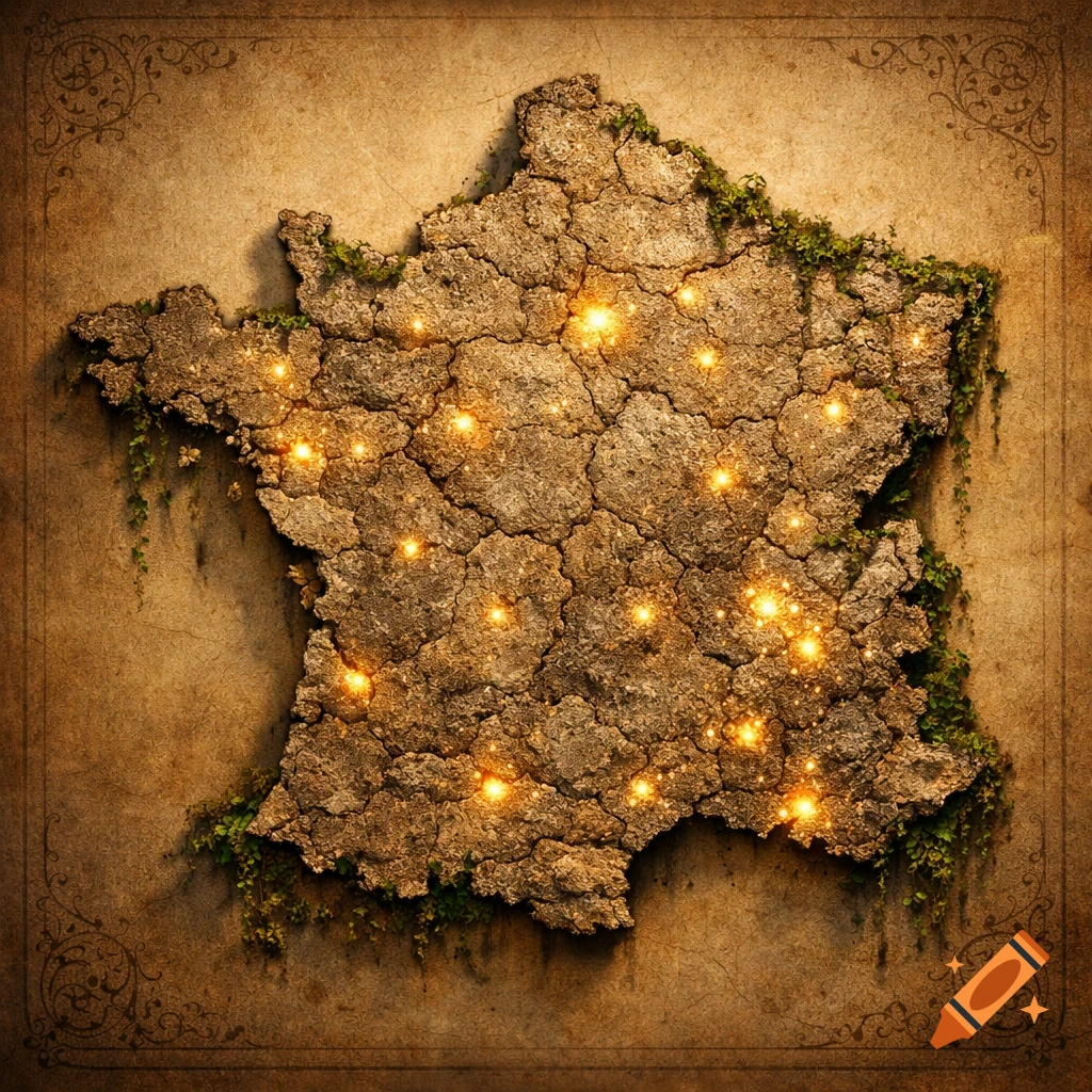 Stylized map of France made of cracked earth with glowing lights and vines on a vintage parchment background.