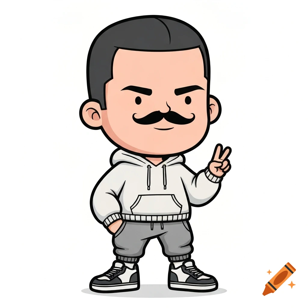 Chibi cartoon man with mustache, wearing a white hoodie and gray joggers, making a peace sign.