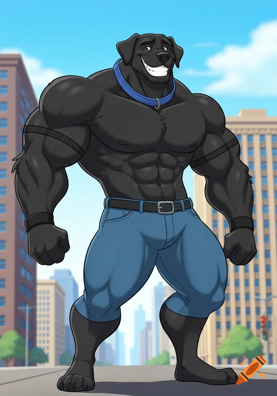 Cartoon of a muscular, anthropomorphic black labrador wearing blue jeans and a collar, in a city.