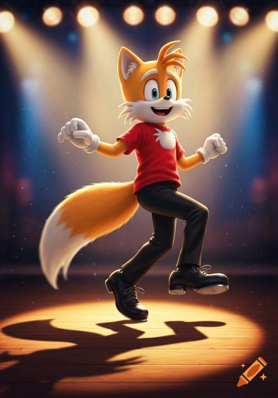 Tails from Sonic, wearing a red t-shirt, white gloves, black pants, and tap shoes, tap dancing on a spotlighted wooden stage.