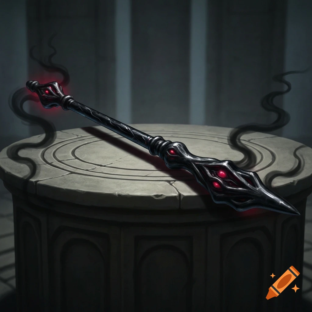 A dark, ornate staff with glowing red eyes and black smoke rests on a stone pedestal in a dark room.