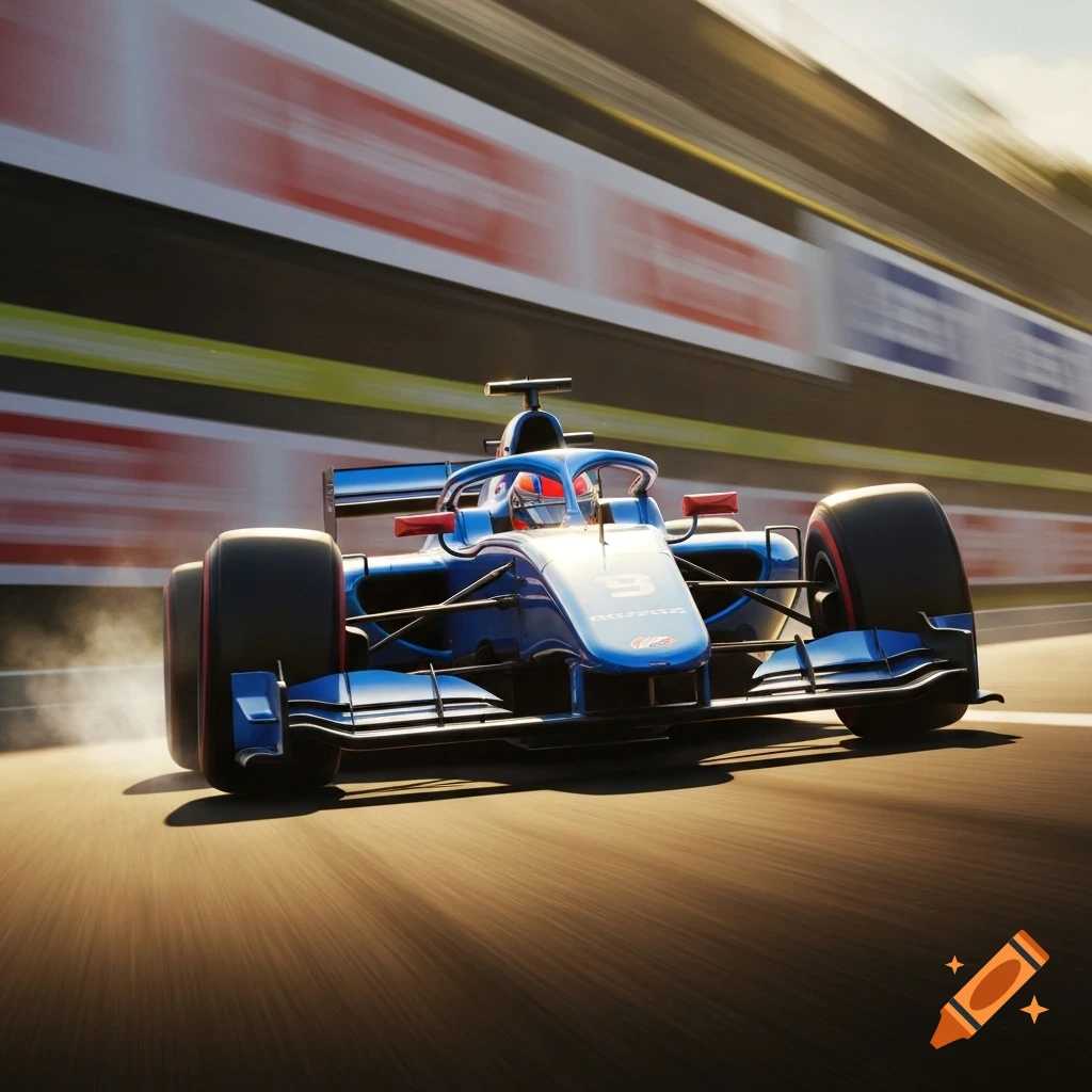 A sleek blue racing car with the number 3 speeding on a track, captured with dynamic motion blur.