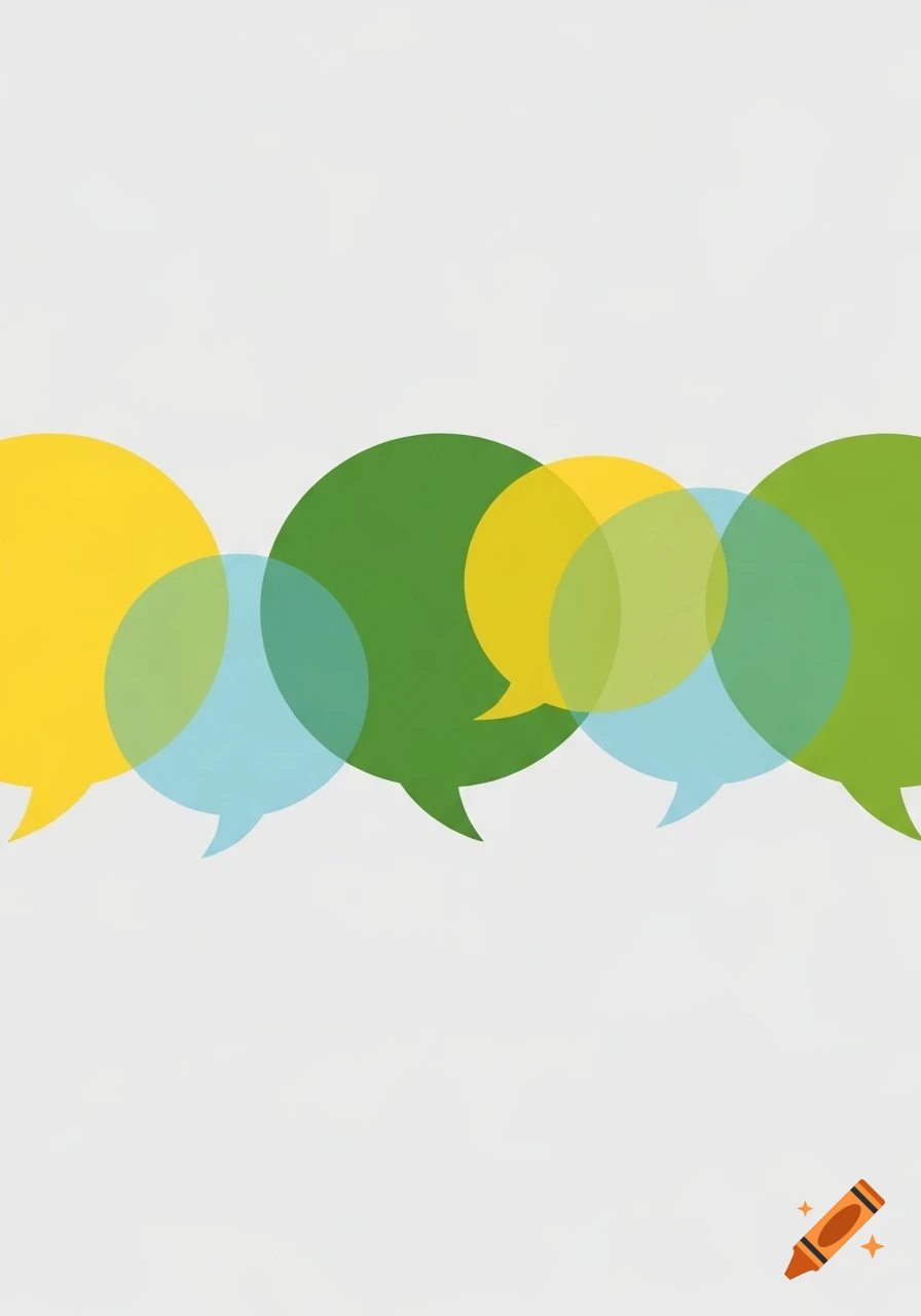 Minimalist vector illustration with overlapping yellow, green, and light blue transparent speech bubbles on a light gray background.