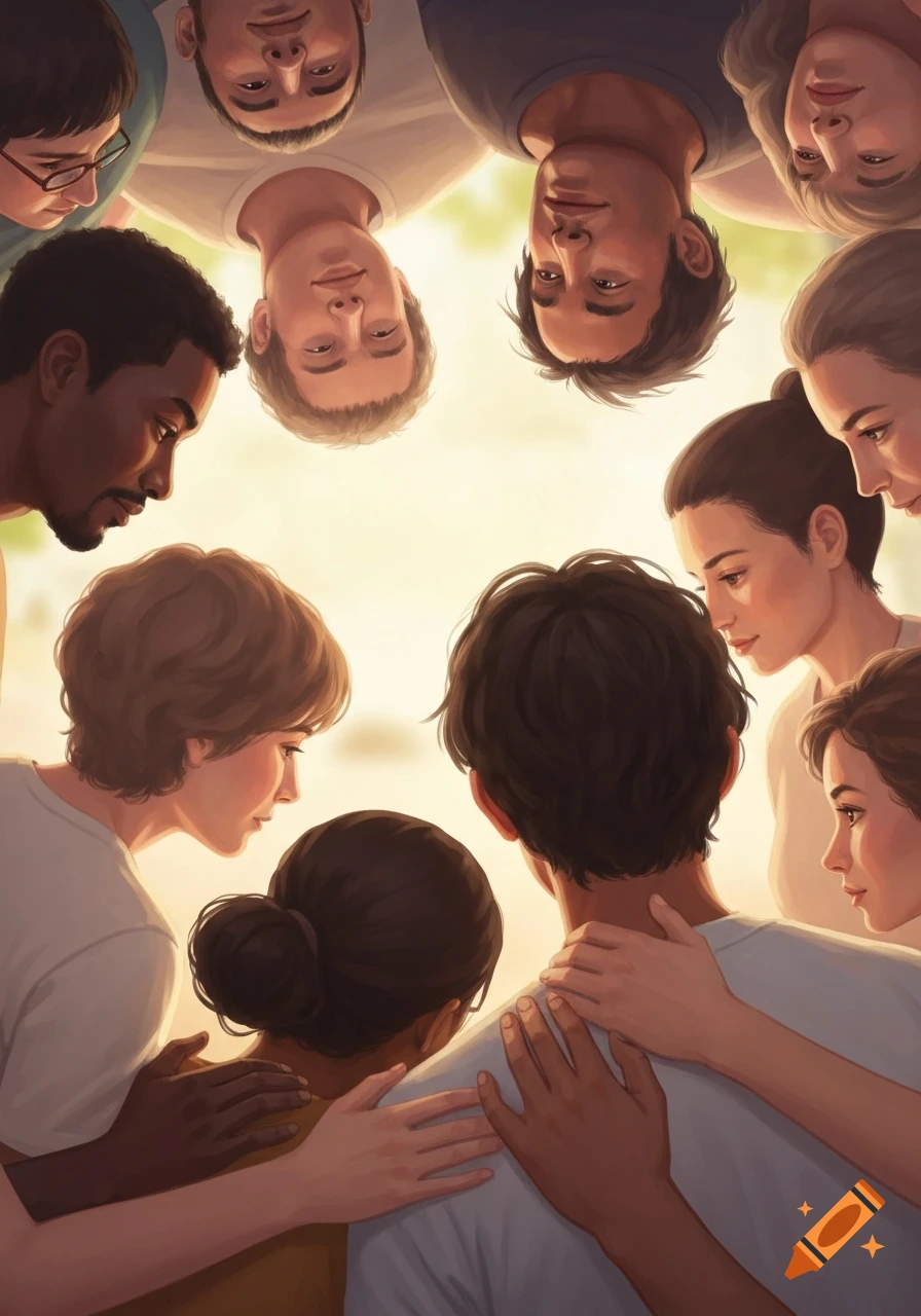 Illustration of a diverse group of people in a supportive circle, looking down, illuminated by a warm glow.