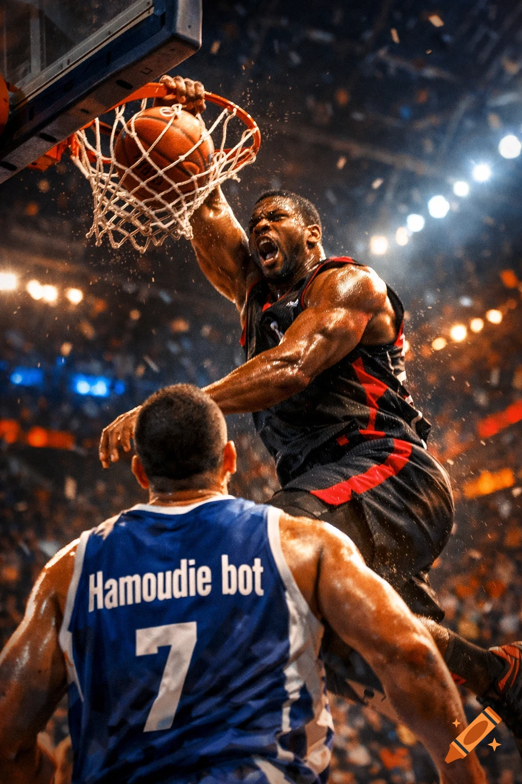 Muscular basketball player in black jersey dunks a ball over an opponent wearing a blue 'Hamoudie bot 7' jersey.