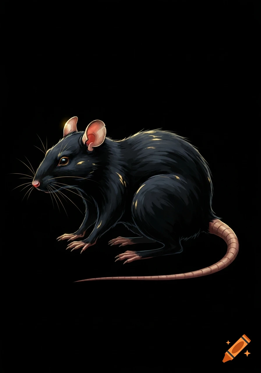 A stylized black rat with a long tail and prominent ears, highlighted with gold accents, set against a dark background.