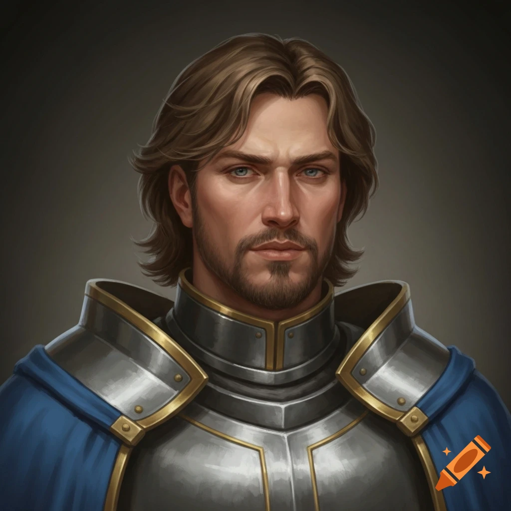 Bust portrait of a noble male knight with brown hair and beard, wearing steel plate armor with gold trim and a blue cloak, in a fantasy oil painting style.