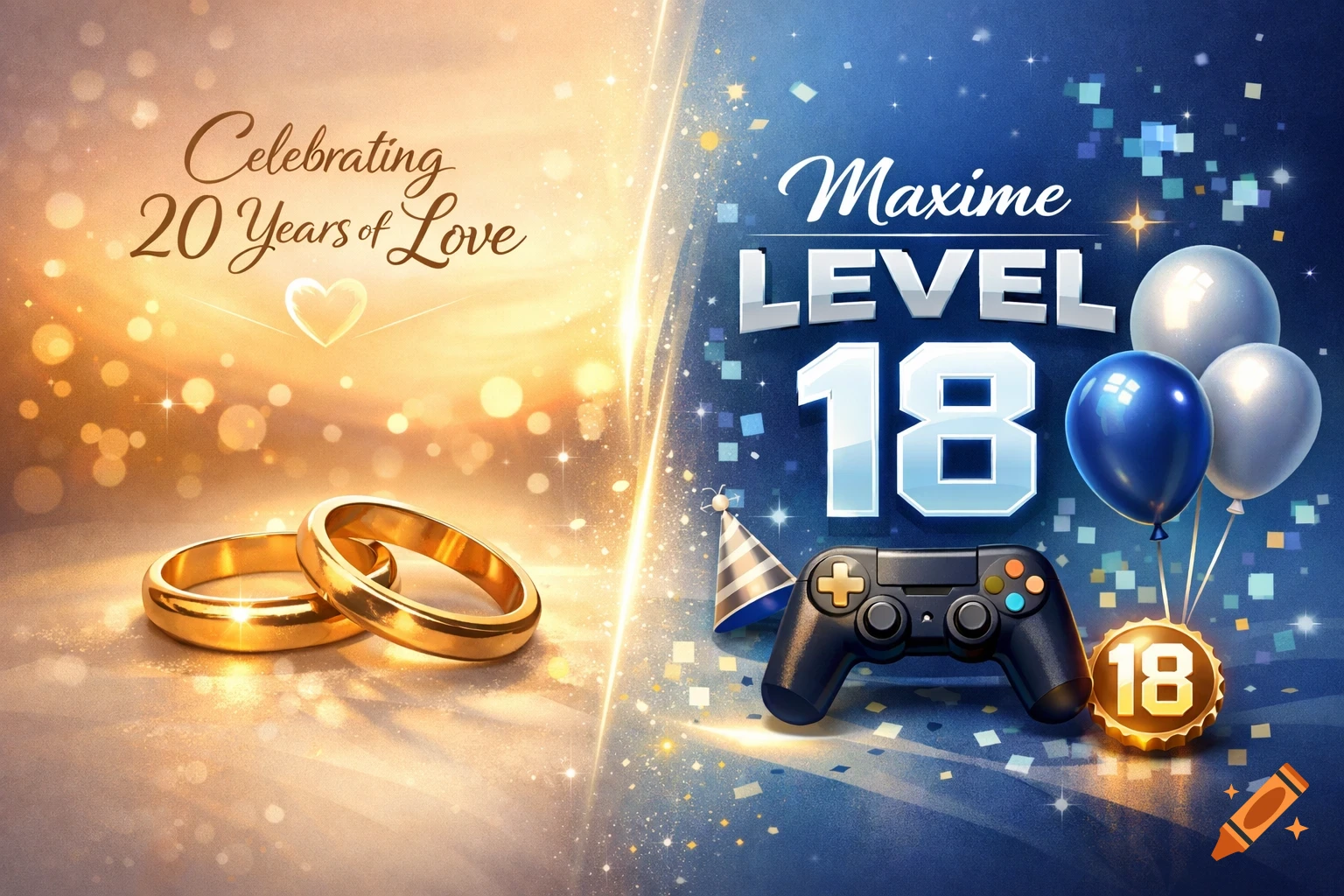 A split image. Left: golden wedding rings with 'Celebrating 20 Years of Love'. Right: game controller, balloons with 'Maxime LEVEL 18'.