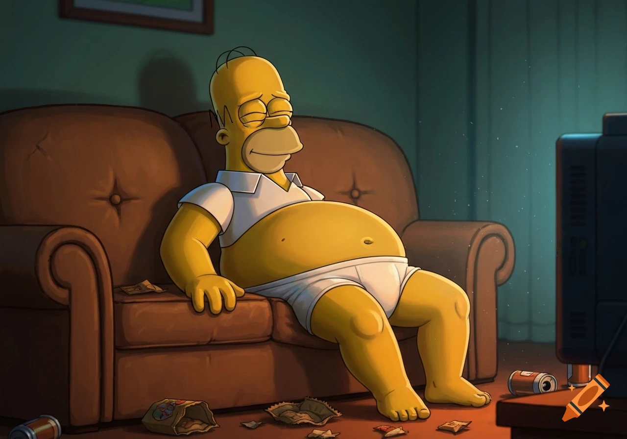 Homer Simpson in white briefs asleep on a brown couch surrounded by trash and empty cans, illuminated by TV light.