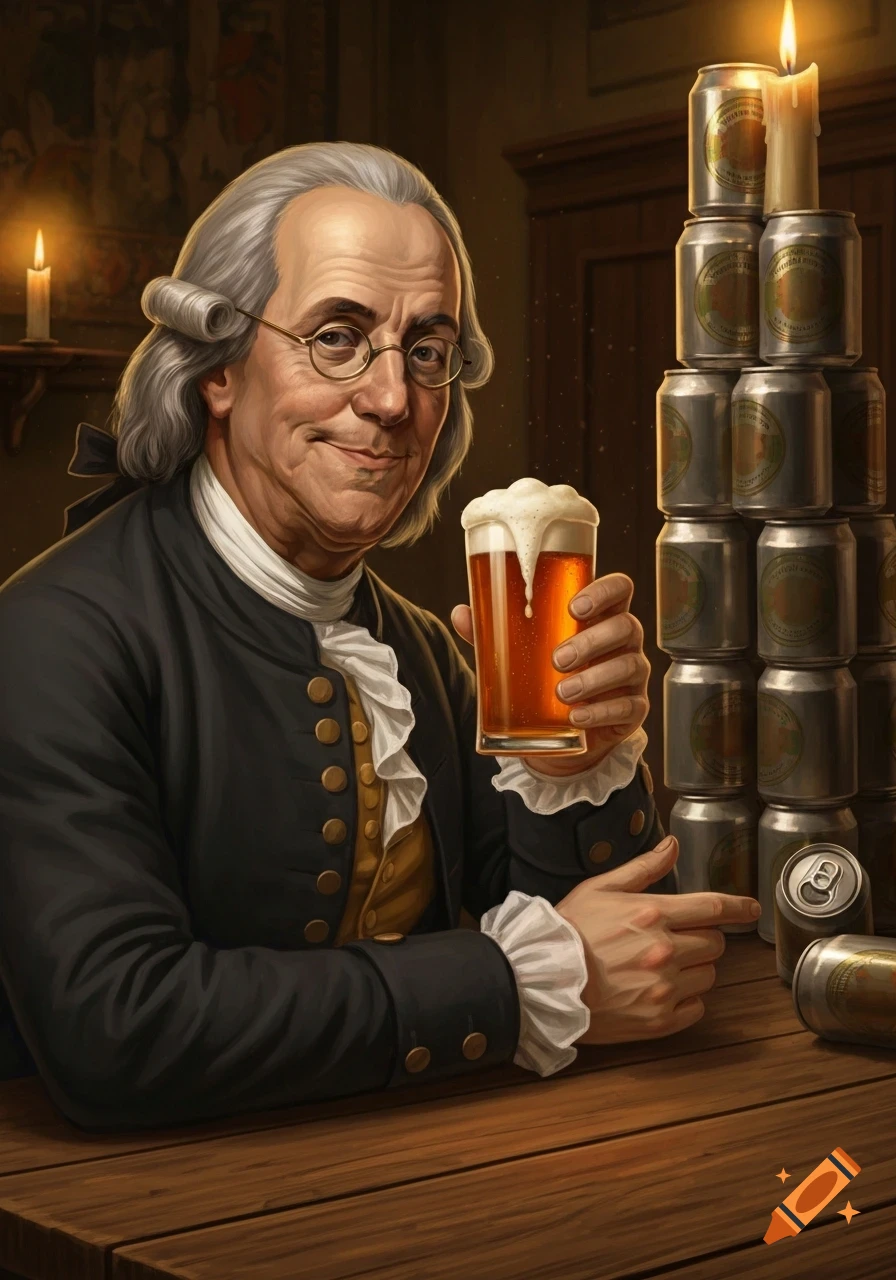 Benjamin Franklin holding a glass of frothy beer at a wooden table, with a stack of beer cans and lit candles in the background.