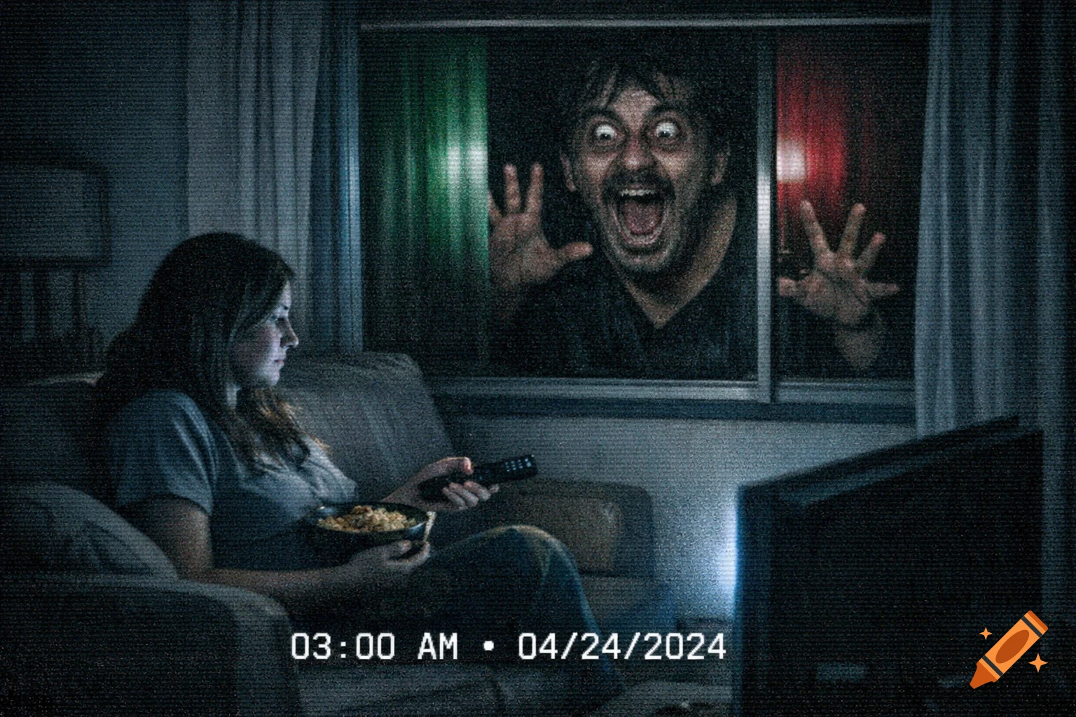 A woman sits on a couch watching TV, holding snacks. Outside her window, a man with wide eyes and an open mouth lurks. The image has a grainy CCTV-style effect with a timestamp.