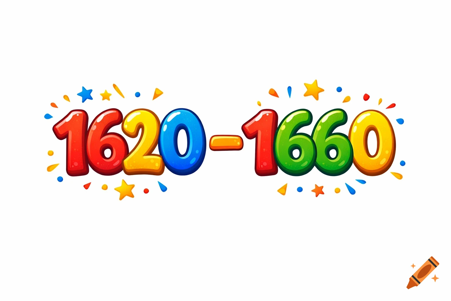 Colorful cartoon numbers '1620 - 1660' with confetti and stars on a white background.