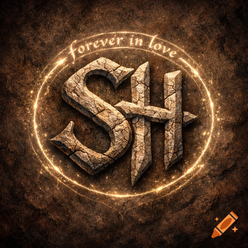 A cracked stone 'SH' monogram encircled by glowing particles and the curved text 'forever in love' on a dark, textured background.