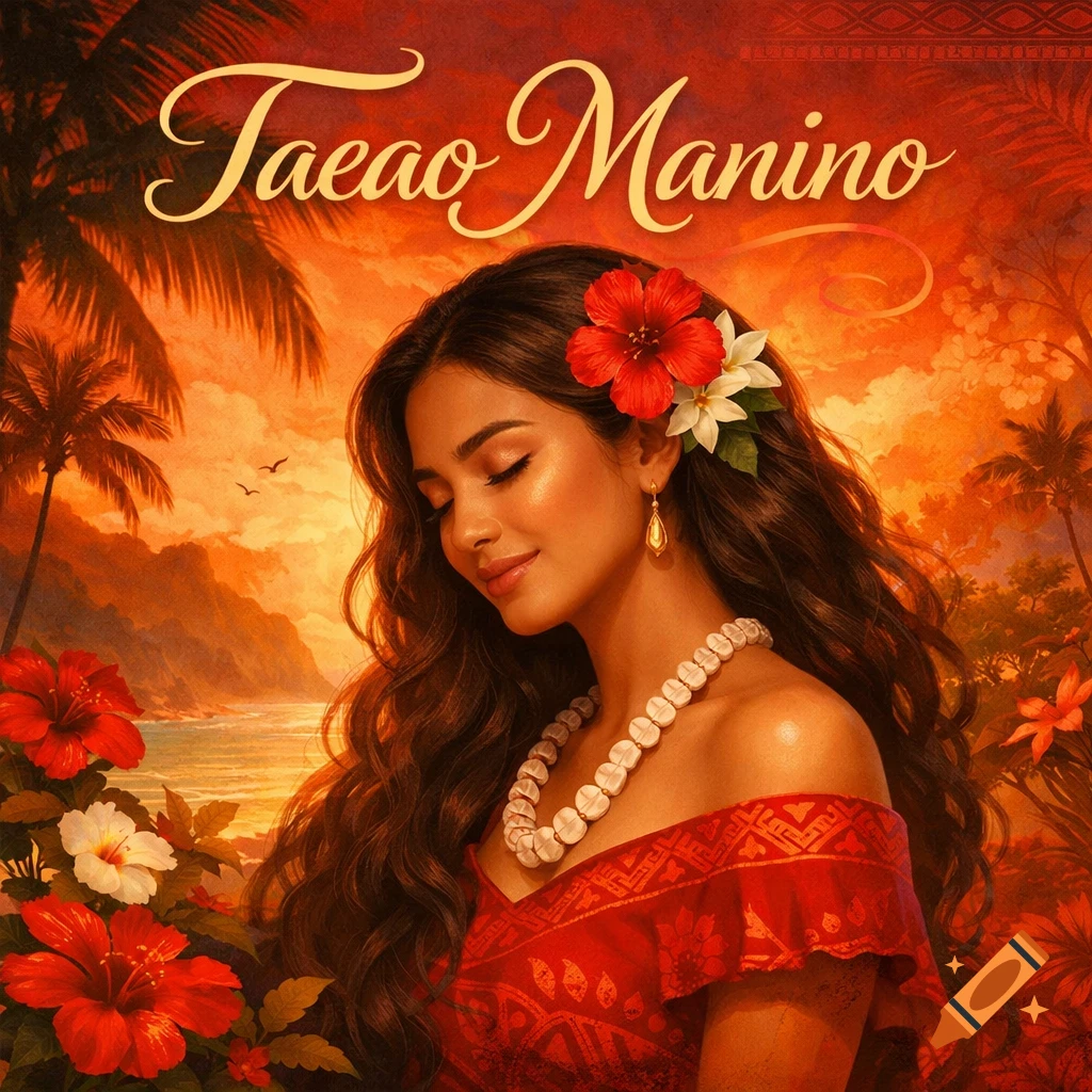 Vibrant album cover art of a serene Samoan woman with flowers, a pearl necklace, and a red dress, against a tropical sunset. Text 'Taeao Manino'.
