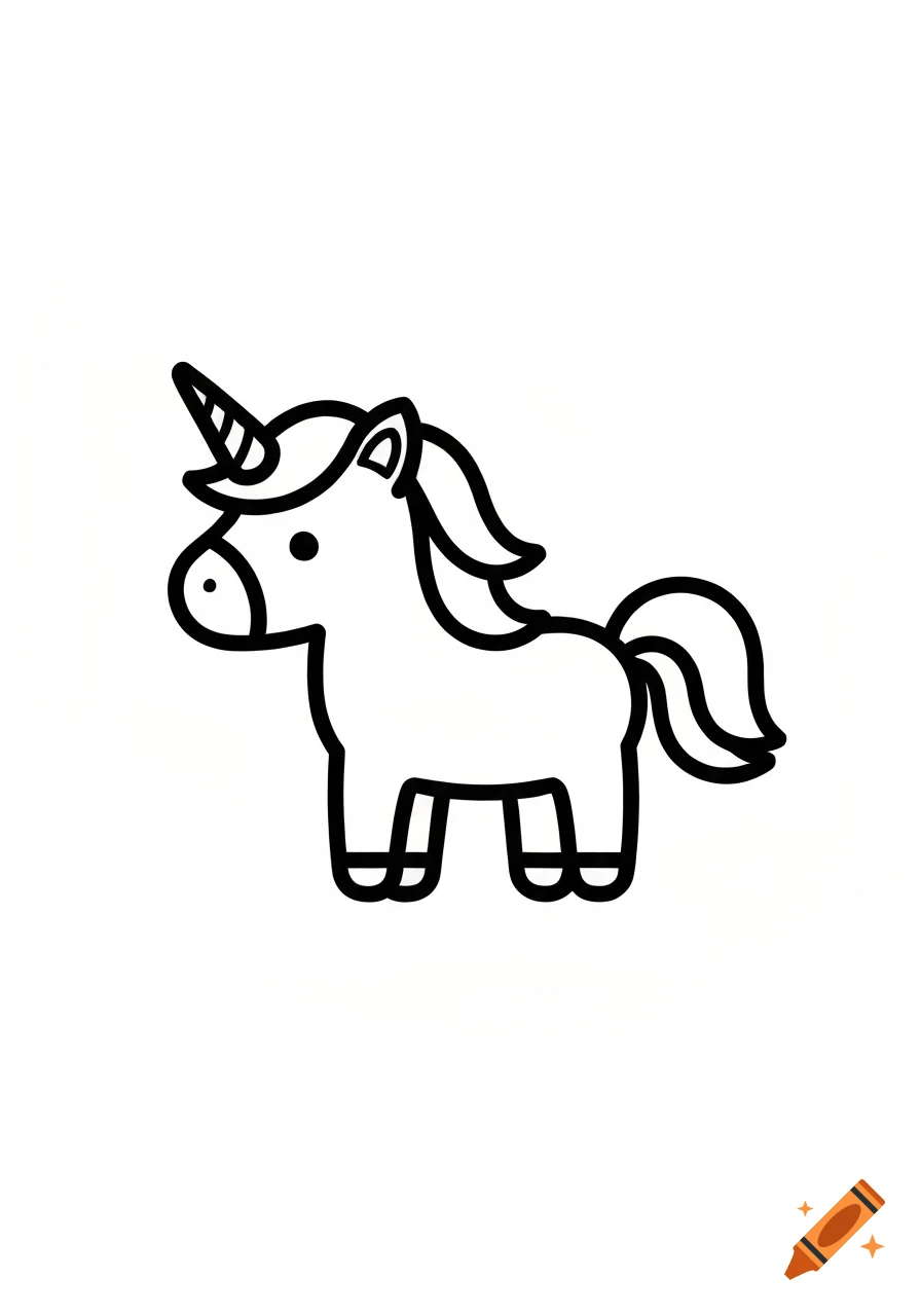 Cute black and white line art drawing of a kawaii unicorn with thick outlines.