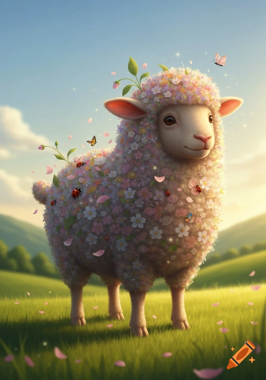 A whimsical sheep covered in colorful flowers, ladybugs, and butterflies stands in a sunny green field.