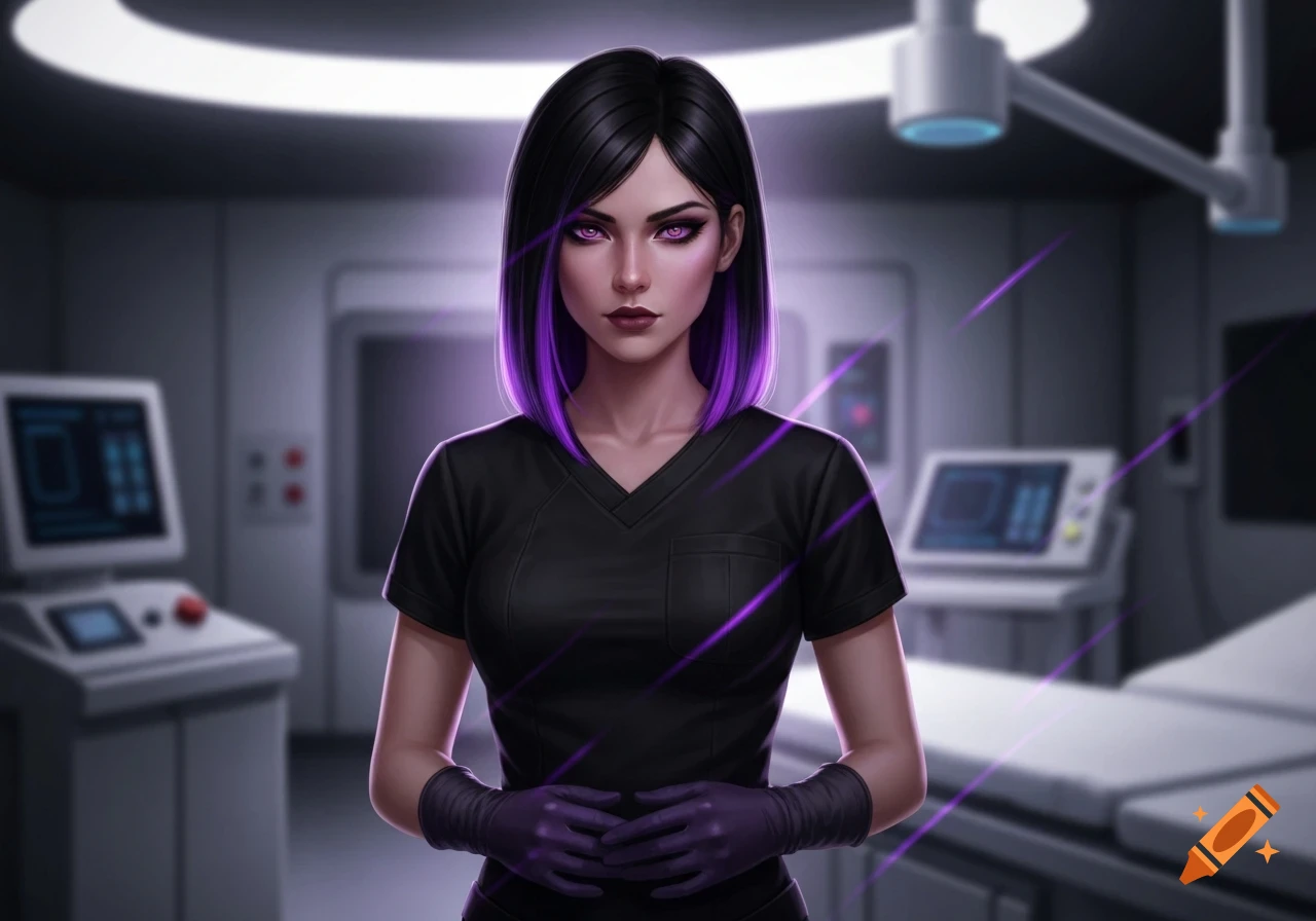 A woman with black hair, purple fades, purple eyes, black scrubs, and gloves stands in a medical room, purple energy streaks around her.