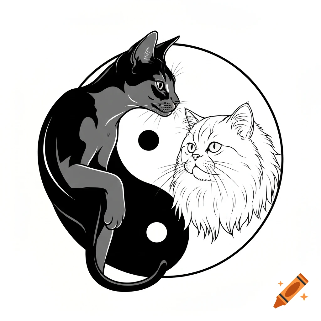 Stylized black and white illustration of two cats forming a Yin-Yang symbol.