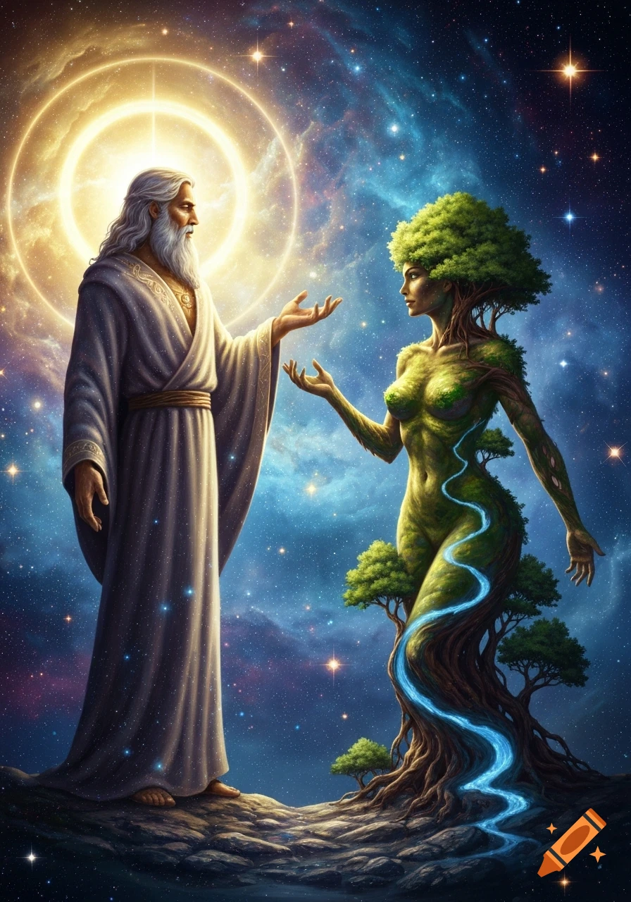 A majestic bearded figure with a halo faces a tree-woman against a vibrant starry cosmic background.