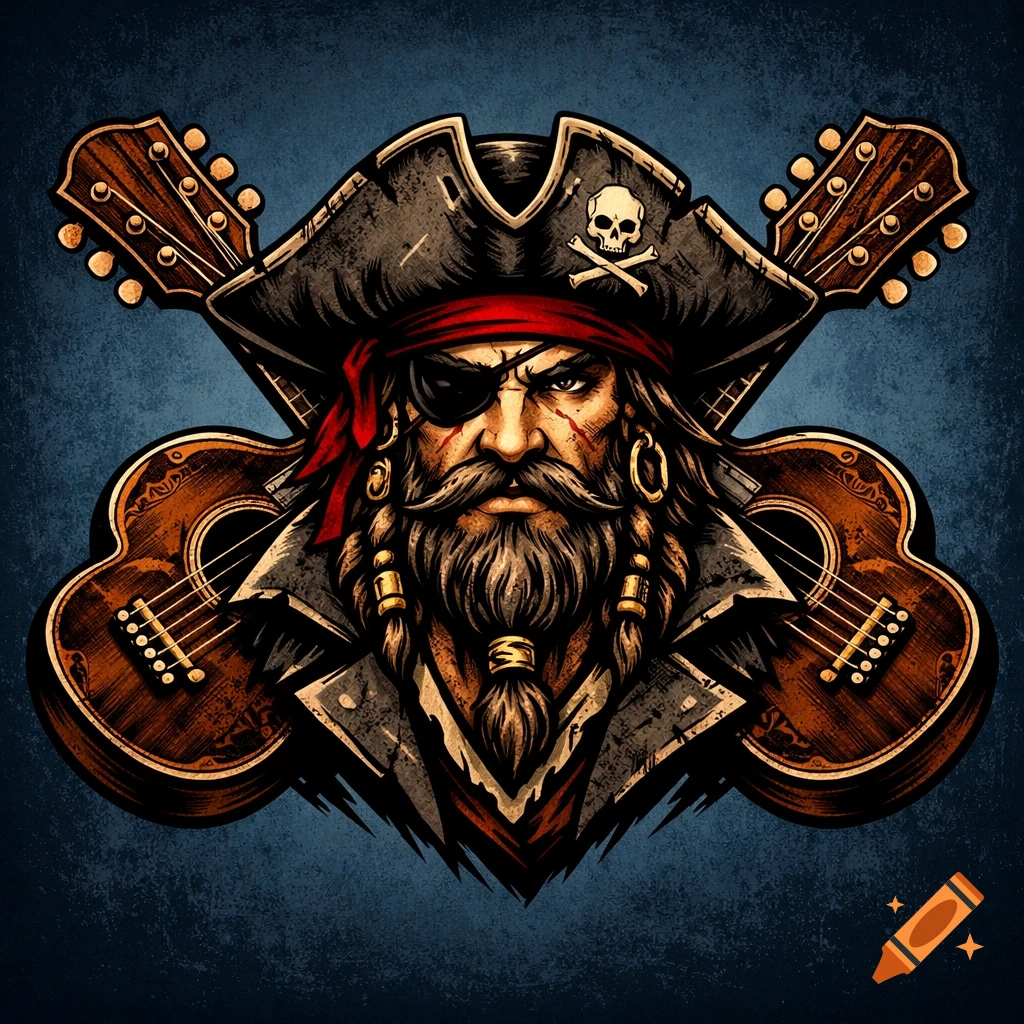 A stylized logo of a pirate with a beard, eyepatch, and hat, with two guitars crossed behind him.