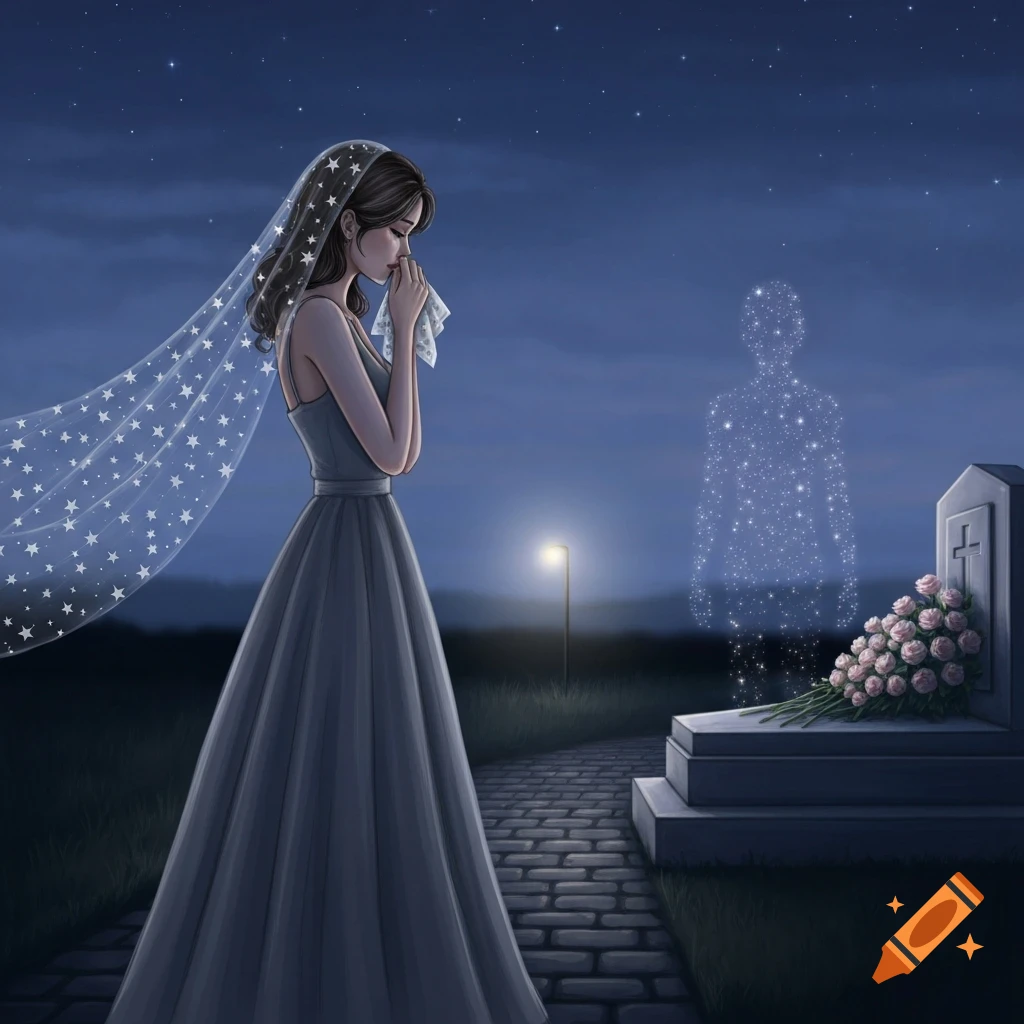 Woman in a long dress with a starry veil, crying at a tombstone under a starry night sky, with a shimmering ghost-like figure nearby.
