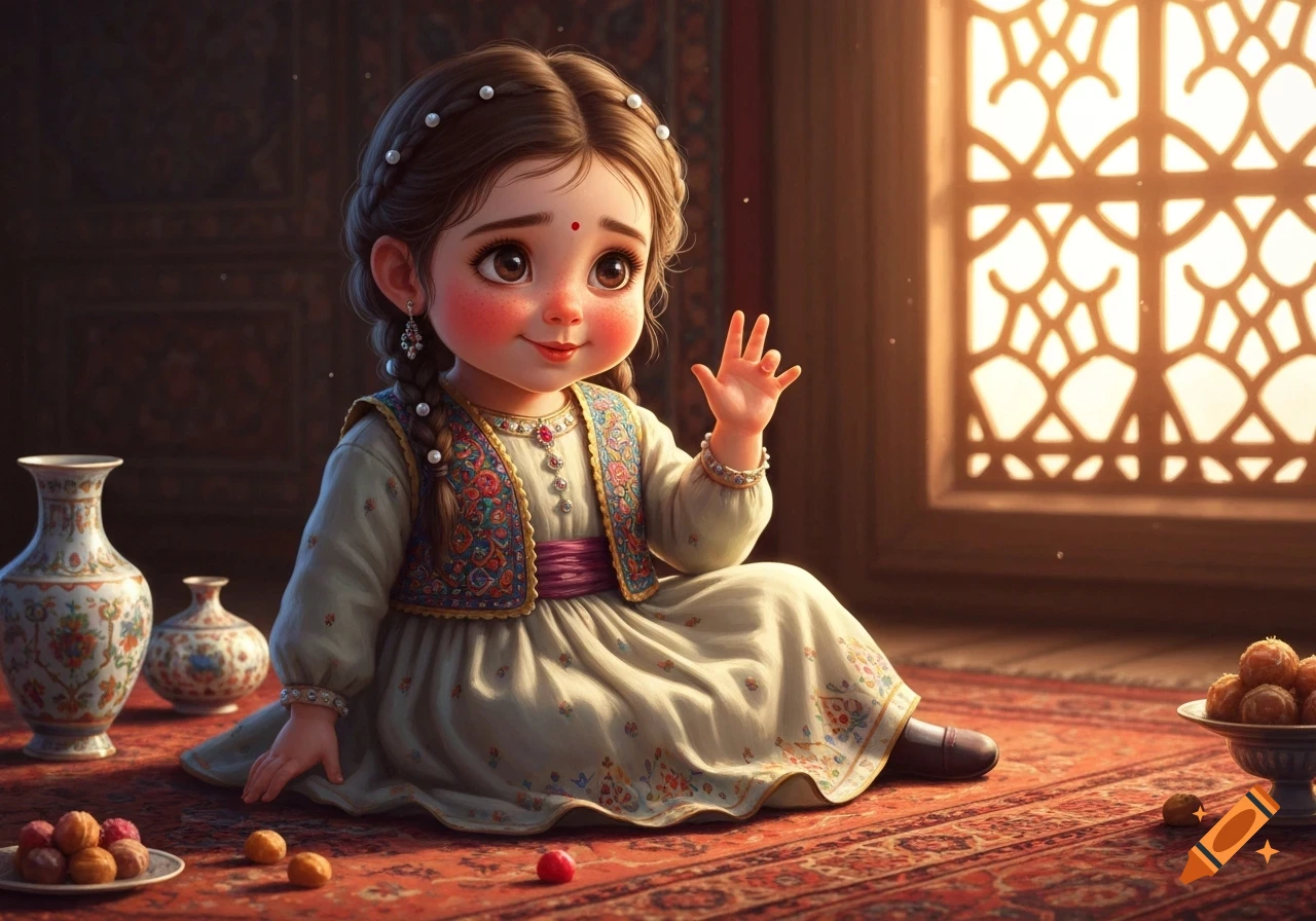 A cute, stylized Persian girl in traditional clothes sits on a patterned rug, surrounded by decorative vases and a sunlit window.