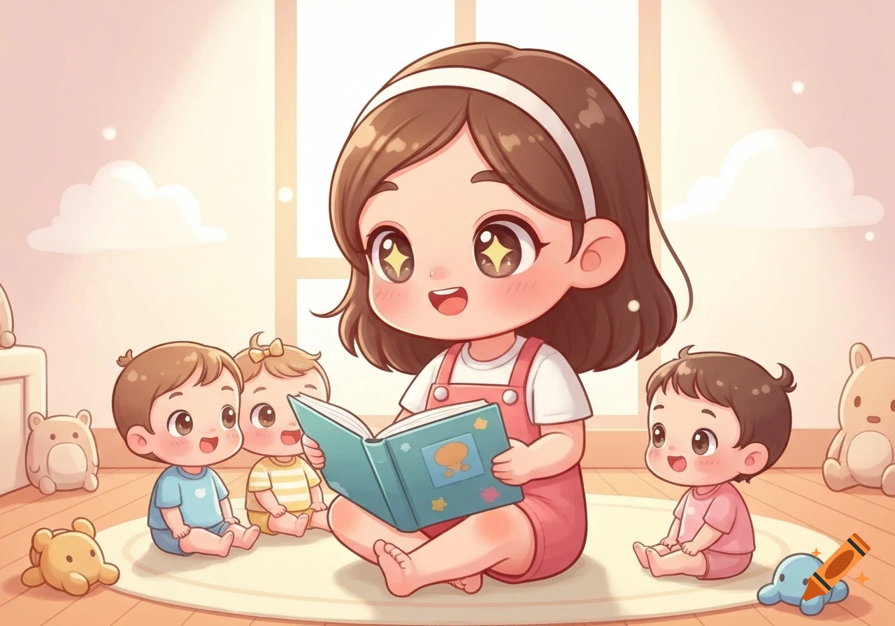 A cute chibi cartoon babysitter reads a story to three chibi toddlers sitting around her in a pastel-colored nursery.