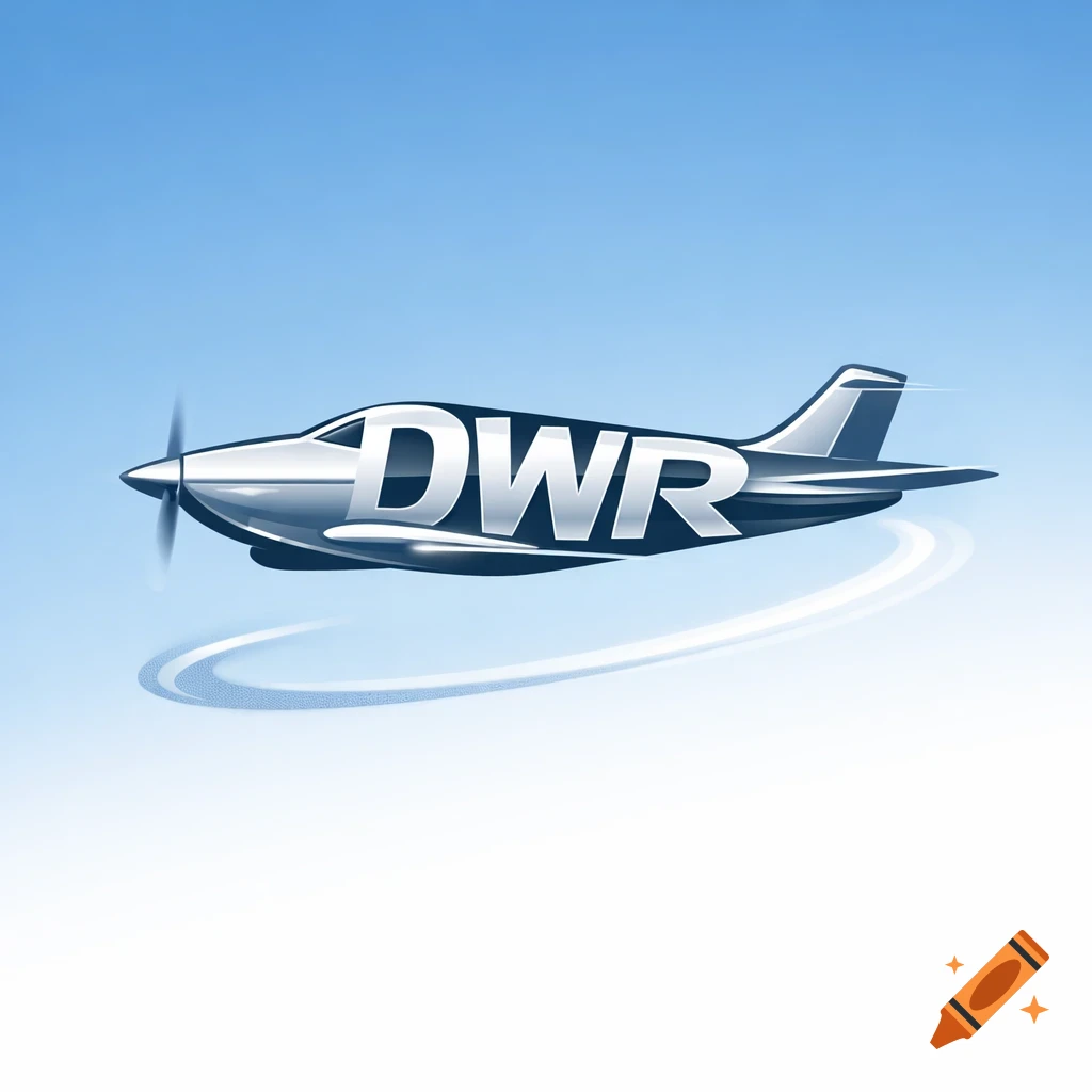 Stylized silver airplane with 'DWR' on its side, flying against a blue sky, in an anime art style.