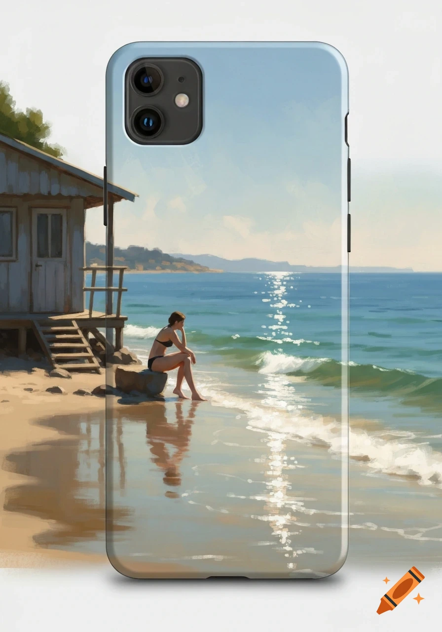 Impressionistic painting of a woman in a bikini sitting on a rock by the sea next to a beach cabin, on a phone case.