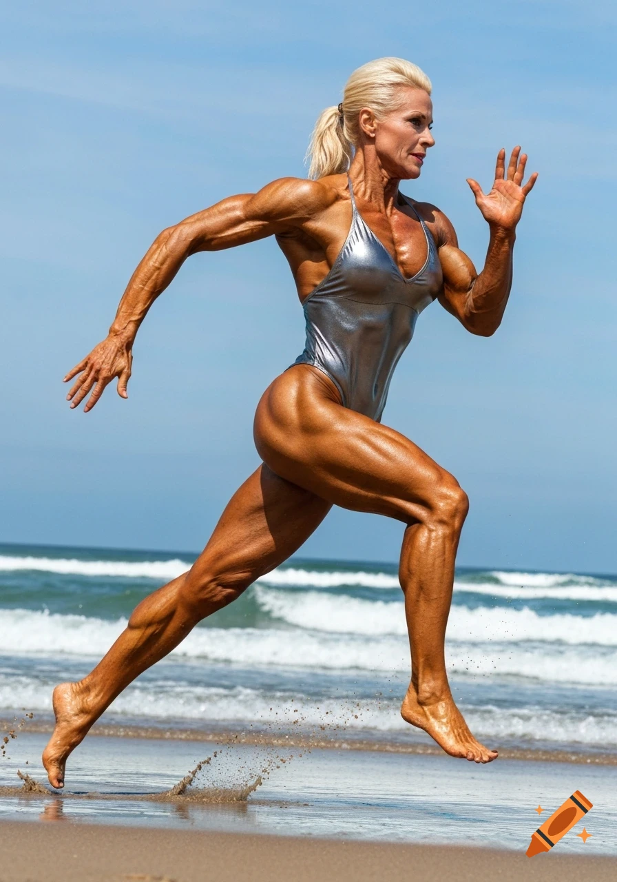 Photorealistic muscular blonde female bodybuilder in a metallic swimsuit runs on a sandy beach.