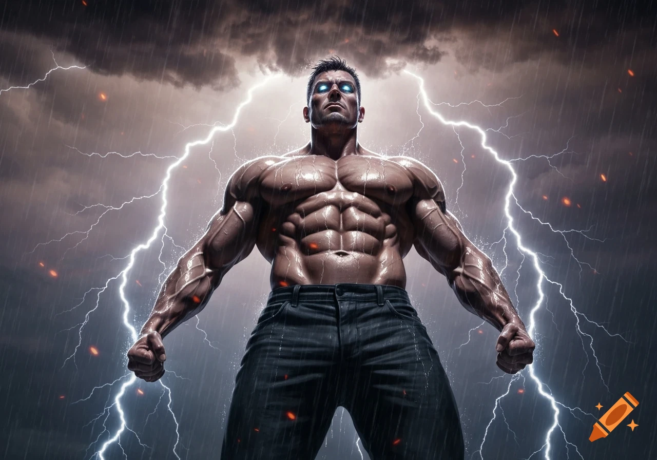A powerful, muscular man with glowing blue eyes stands shirtless in a severe thunderstorm with bright lightning.