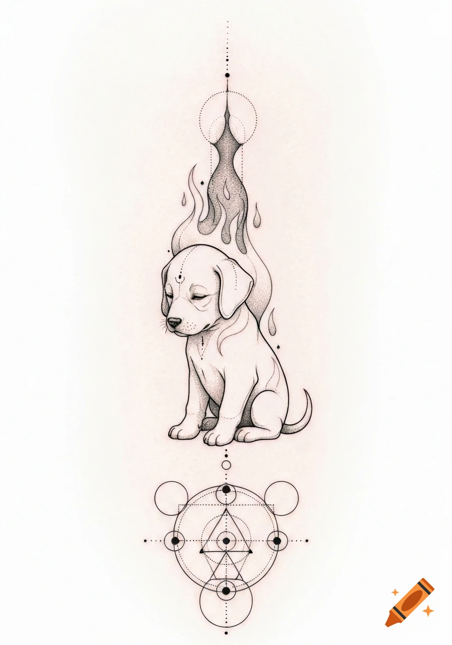 Minimalistic black ink tattoo design of a serene puppy with flame-like shapes and sacred geometry above and below on a white background.