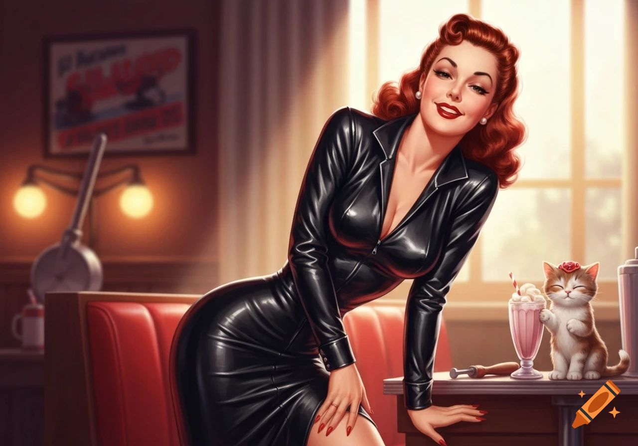 A red-haired pin-up woman in a black leather dress smiles alongside a cute cat holding a milkshake in a retro diner.