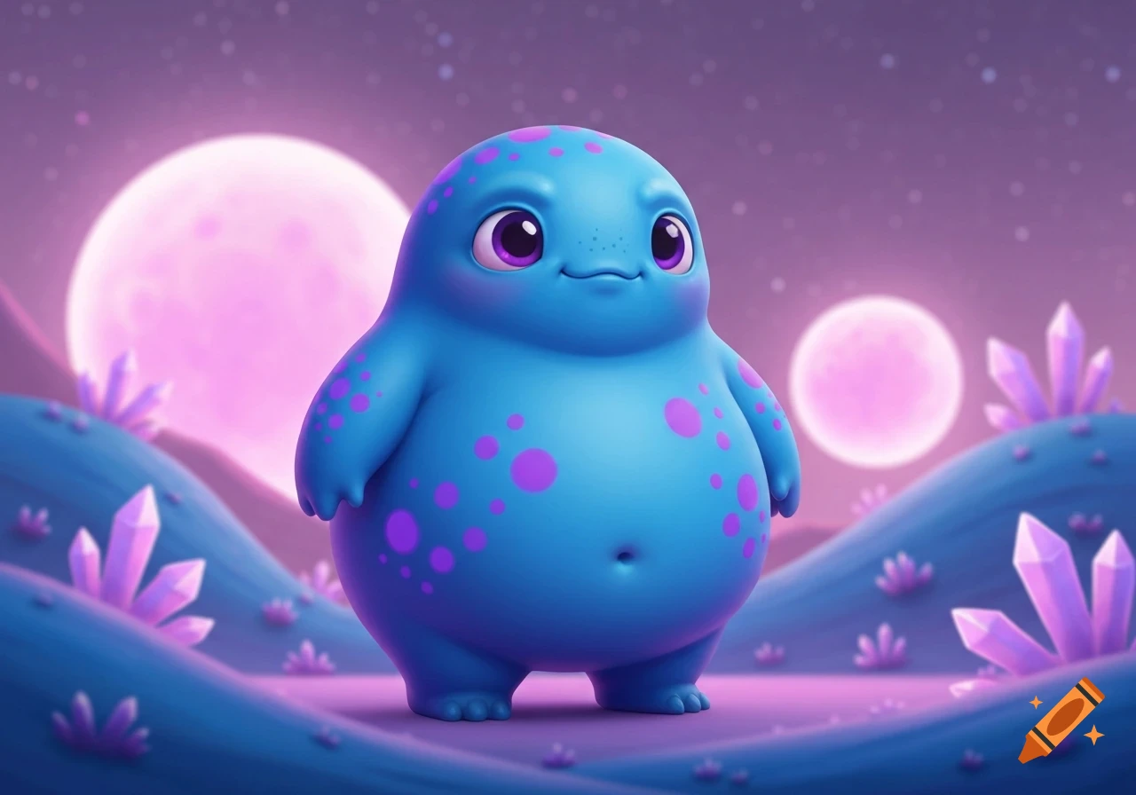 A cute, round blue alien creature with purple spots stands on an alien landscape with pink moons and purple crystals.