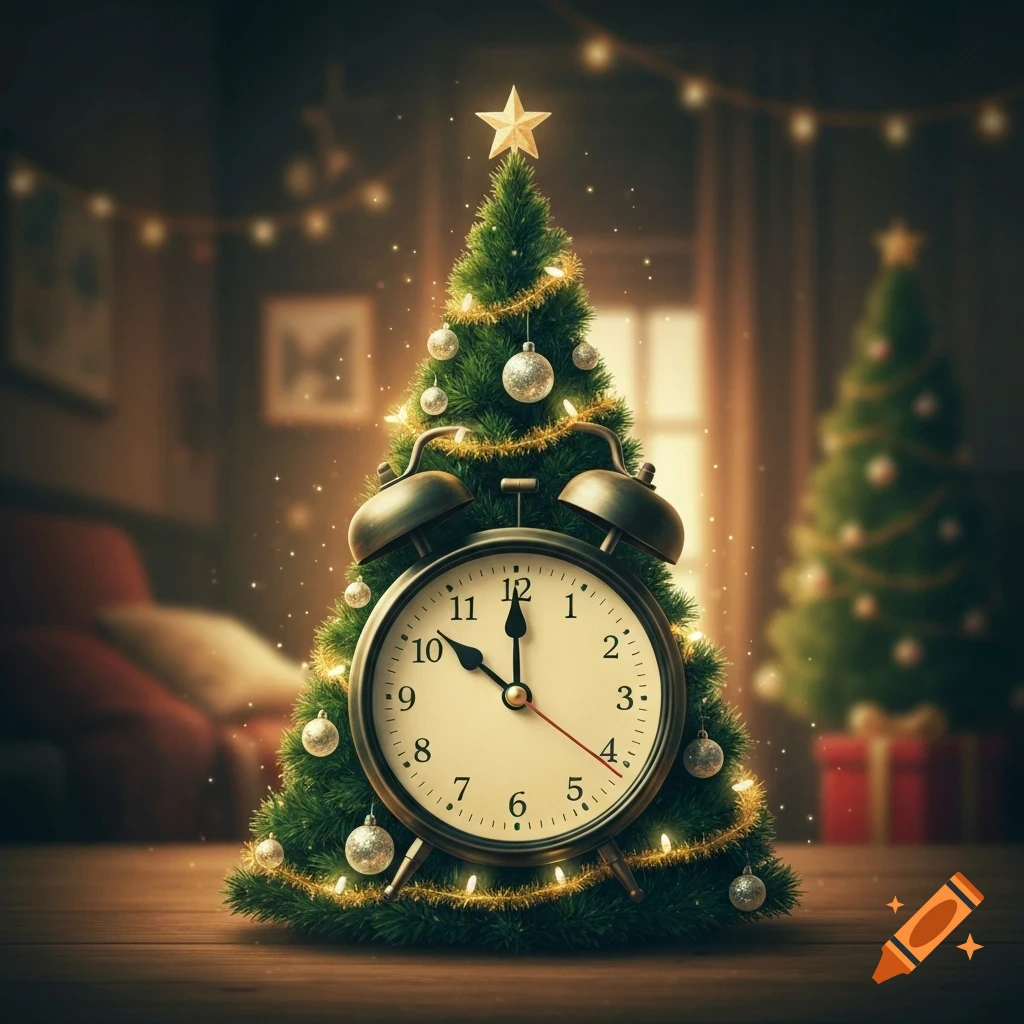 A festive Christmas tree with a large alarm clock integrated into its base, adorned with lights and ornaments, in a cozy, dimly lit room.
