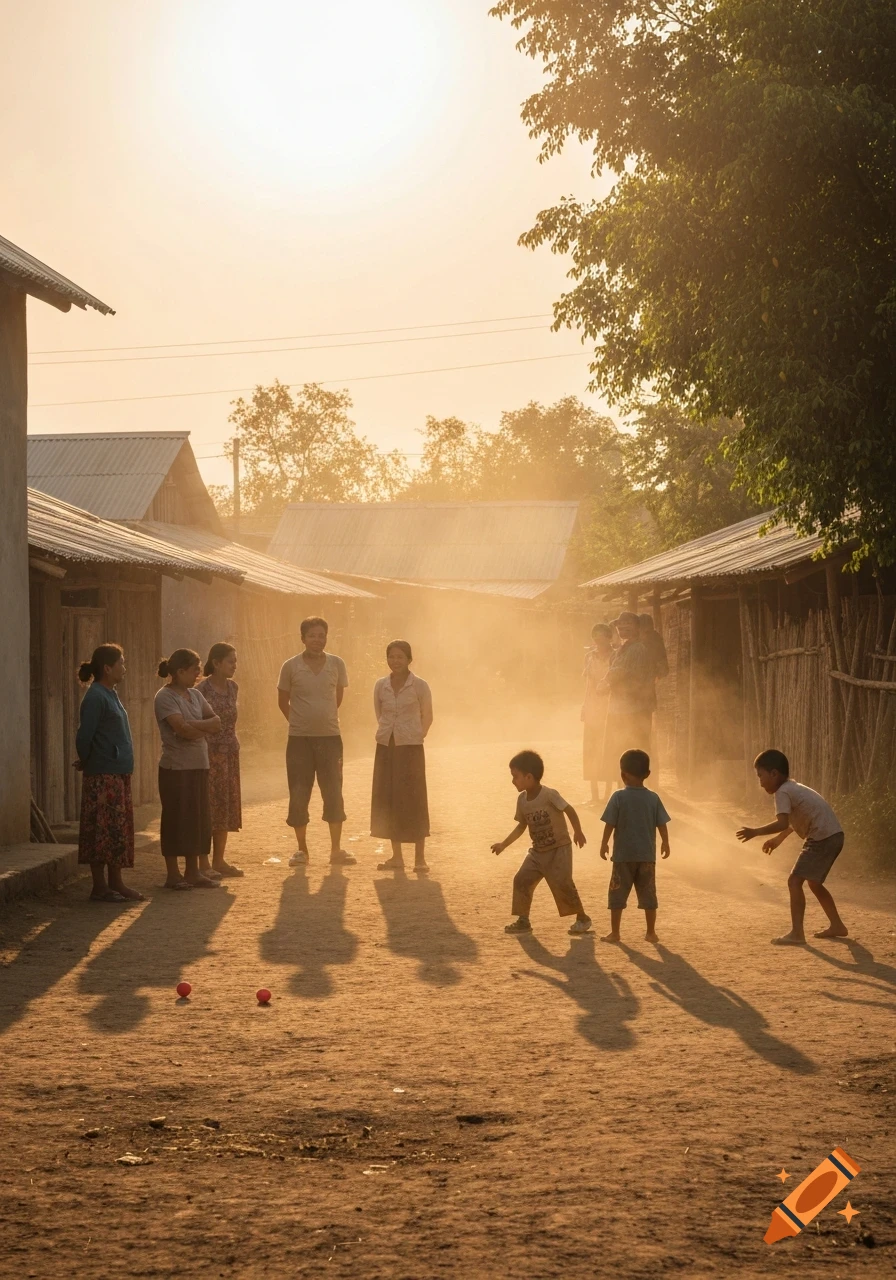 Children play in a dusty village road as adults stand by, bathed in warm golden hour light.