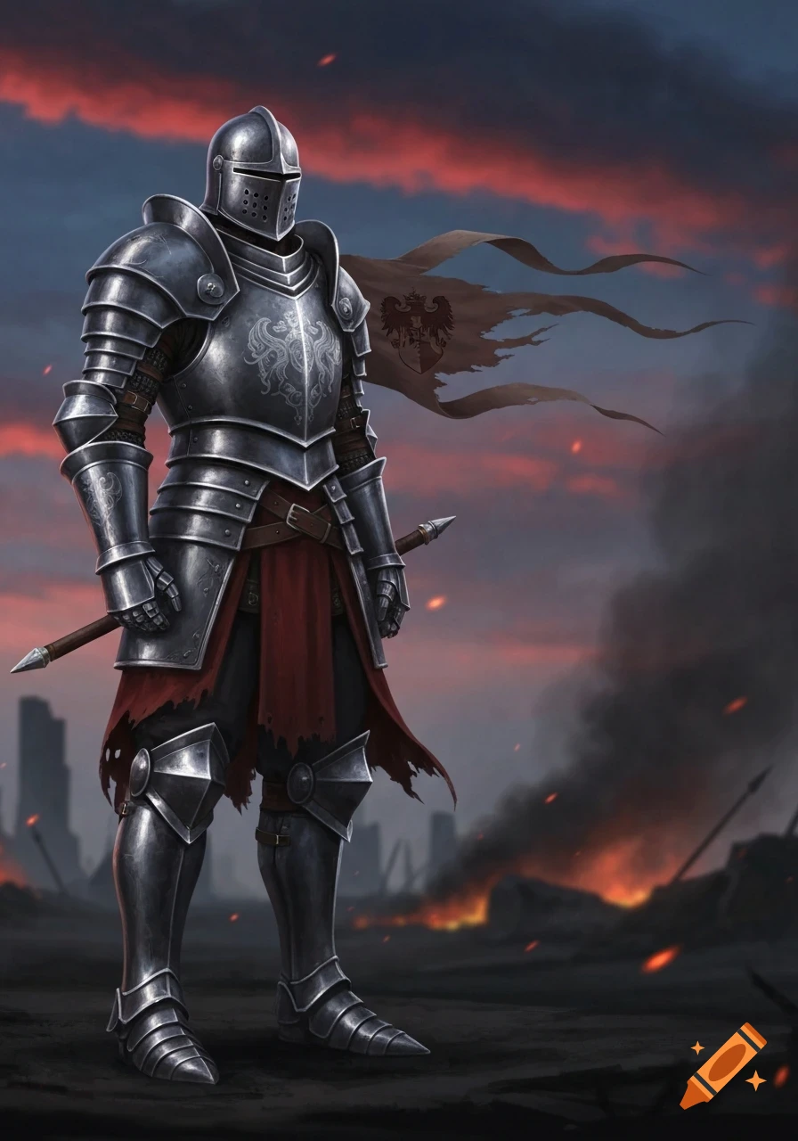 A knight in full silver armor stands amidst a smoky, fiery battlefield under a dramatic red and blue sky, holding a spear.